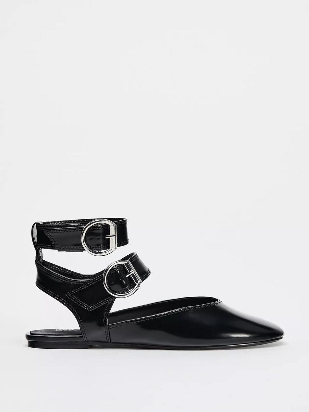 Zara Black Double-Buckle Ankle Strap Flat